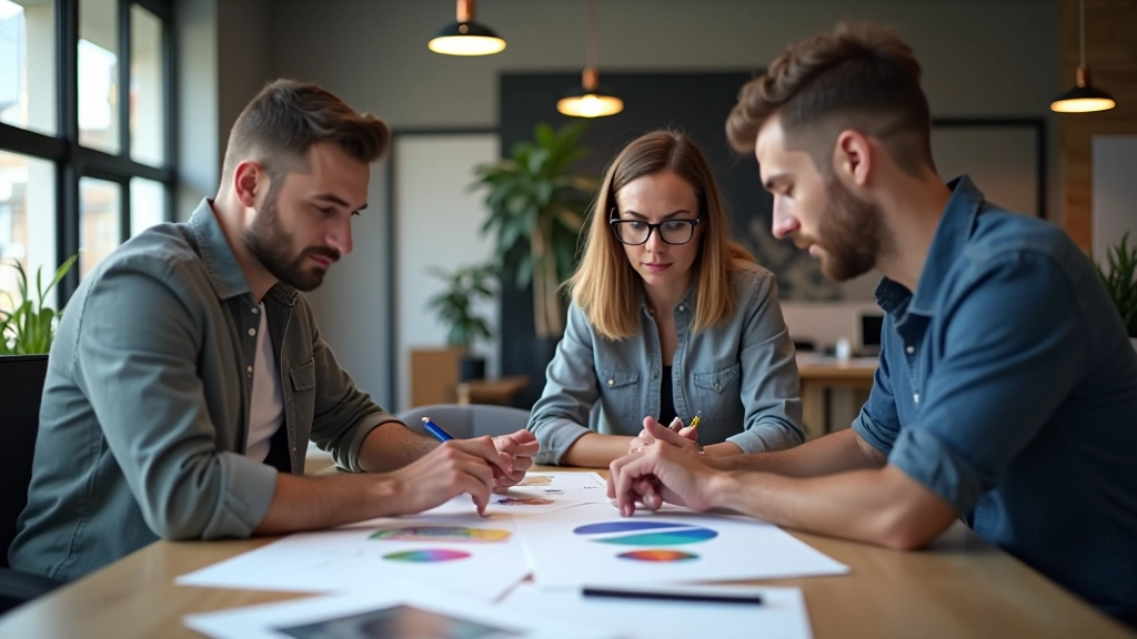 Equipa criativa revisando portfólios e estratégias de negócio