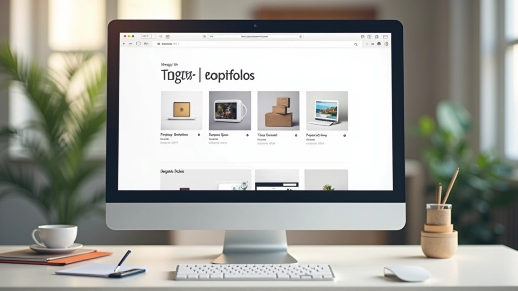 Ecrã de computador de secretária exibindo website portfólio bem desenhado, navegação clara, galeria de projetos visível, design moderno e limpo, ambiente de escritório profissional, perspetiva de 3/4