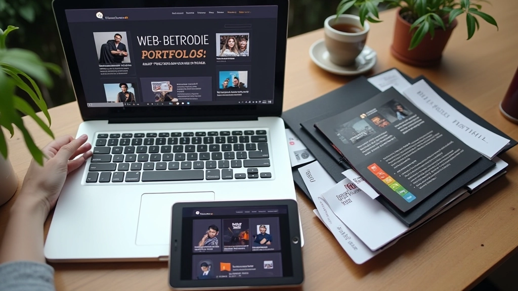 Coleção de dispositivos mostrando diferentes portfólios de design web, computador portátil, tablet e smartphone exibindo trabalhos criativos variados, dispostos em composição plana com sombras