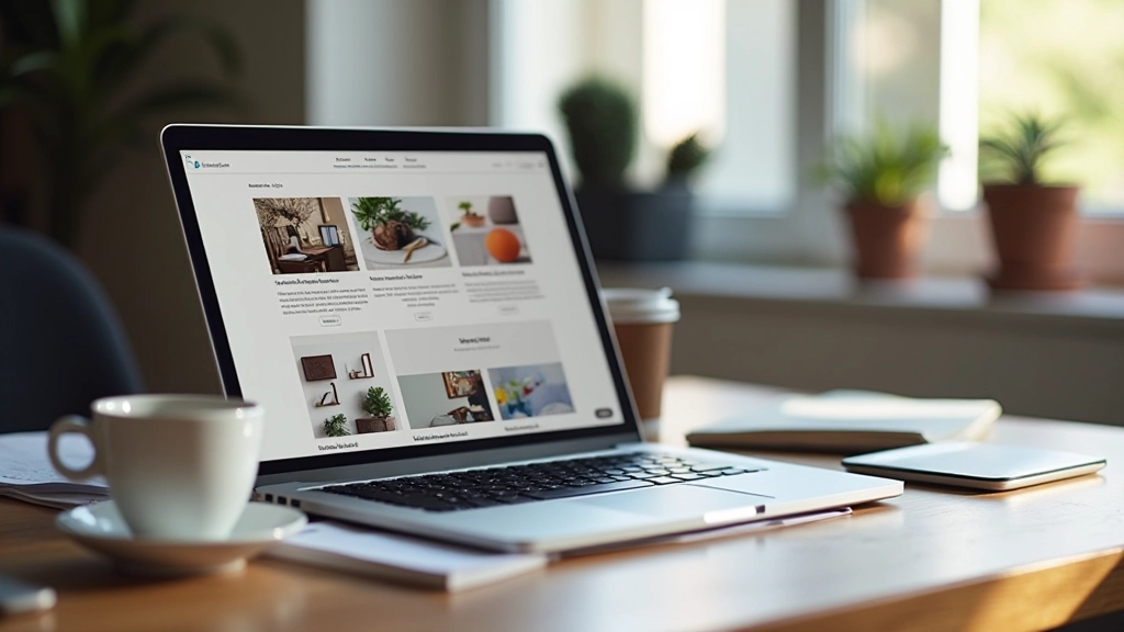 Computador portátil aberto com portfólio de design na tela, ambiente de trabalho profissional