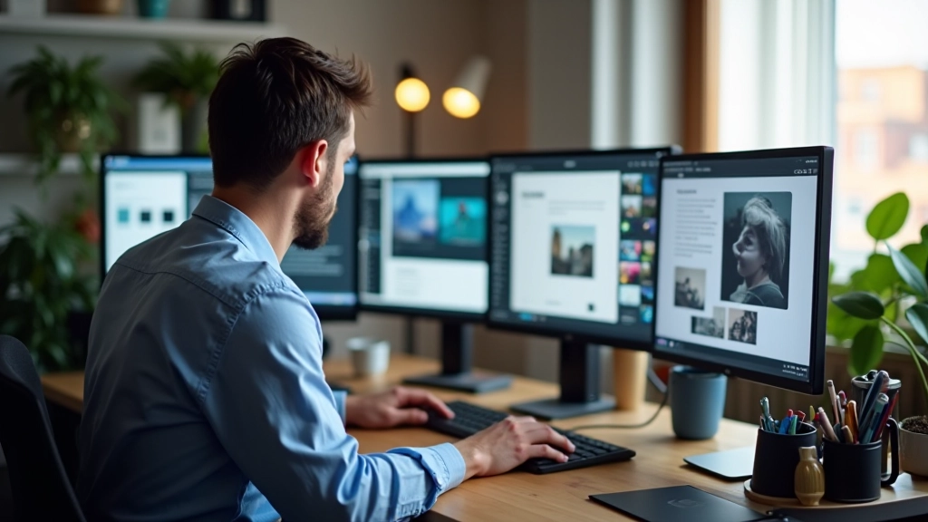 Espaço de trabalho criativo moderno com portfólios web em ecrãs múltiplos