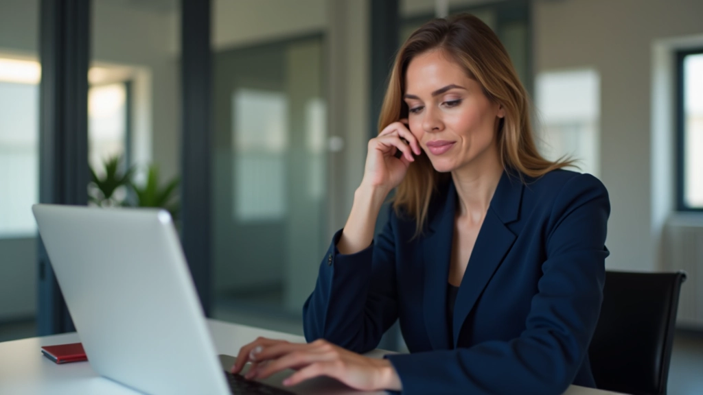 Profissional criativa em ambiente de trabalho moderno, mulher com blazer azul-escuro consultando portfólio no computador, iluminação de escritório contemporâneo, confiante e focada